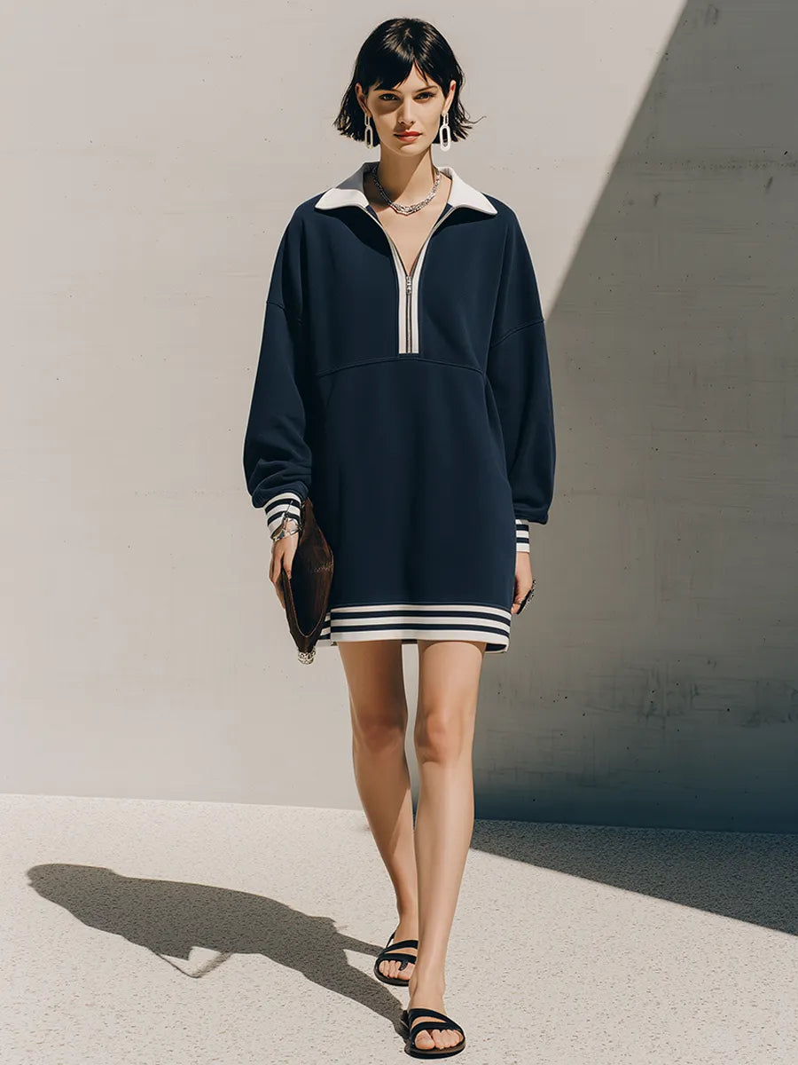 Women's Navy Contrast Collar Half-Zip Striped Cuff Sweatshirt Mini Dress MDZ2065G7ZRK