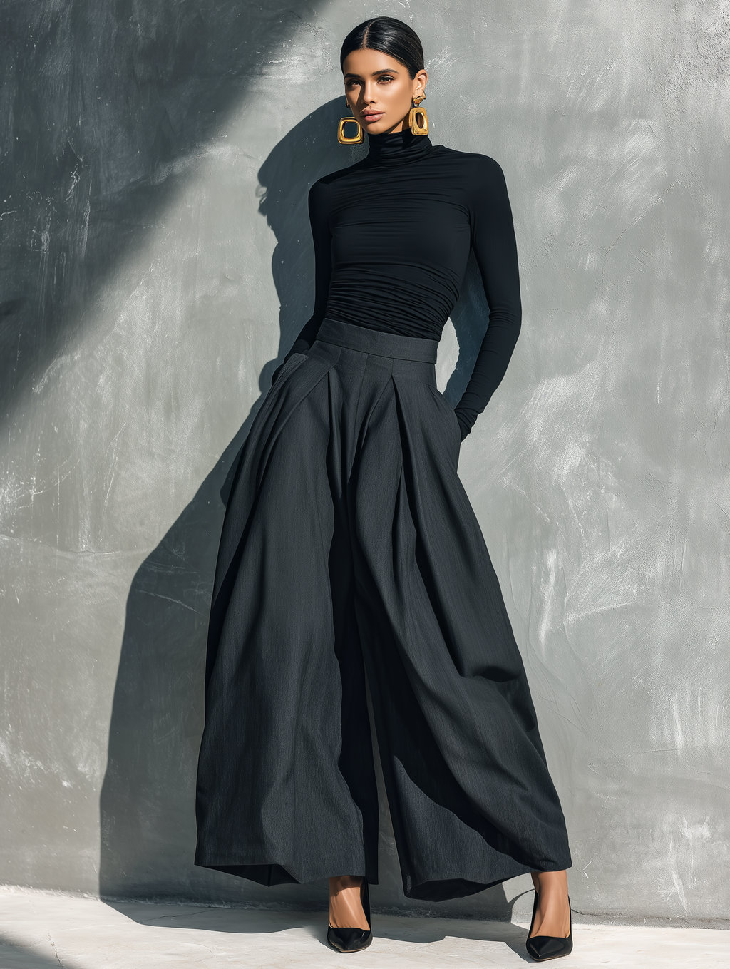Women's Casual Black Stretch-knit Long-sleeve Top Paired With Dark Gray Woven Wide-leg Trousers MDZ2470G8LXY
