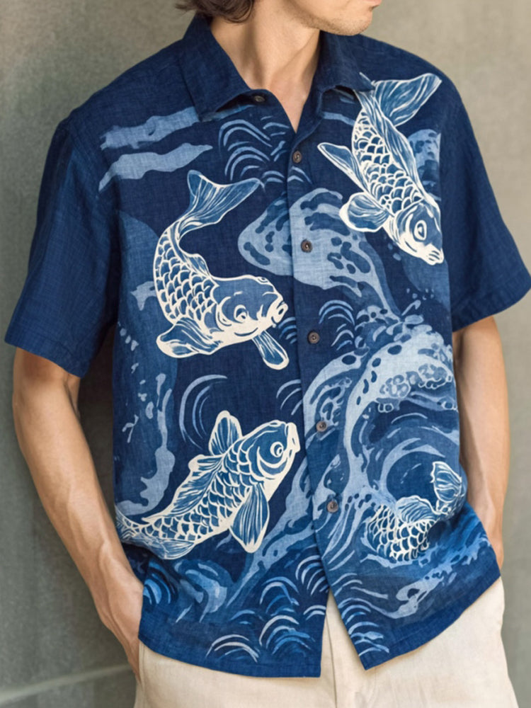 Men's Japanese-style Linen Short-sleeved Shirt With Wave And Koi Pattern