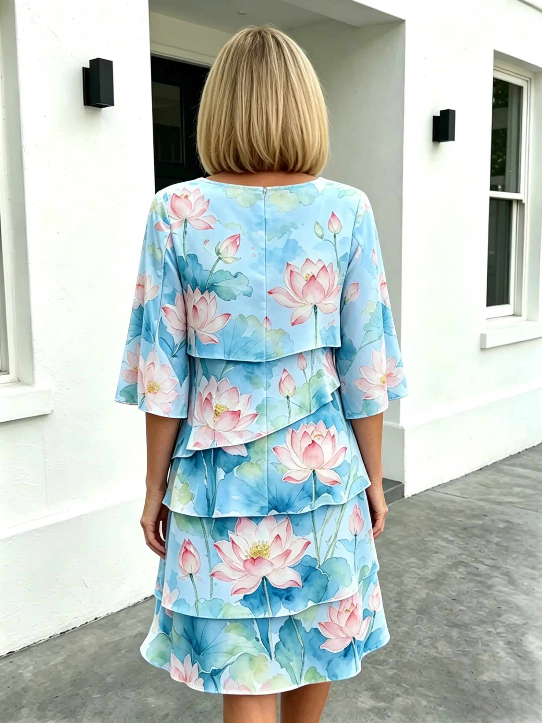 Chiffon Lotus Vacation Prints Color Round Neck Cake Skirt Splicing Dress Mid-length