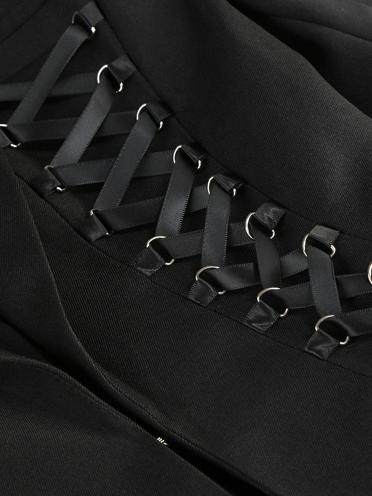 Long Sleeve Lace Up Detail Blazer Dress Black