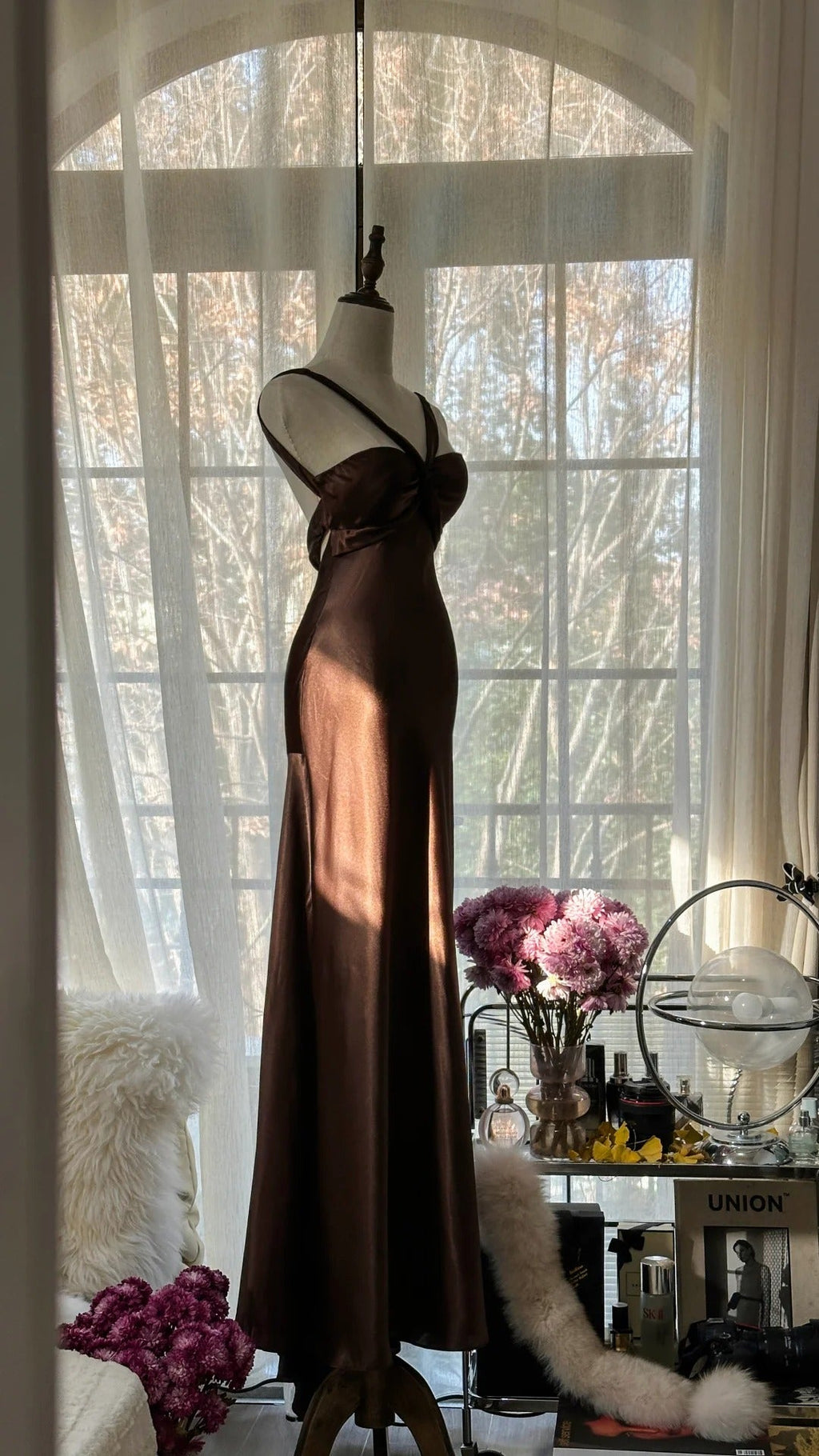 Brown Vintage Chocolate Strapless V-Neck Long Mermaid Slim Satin Ball Gown Evening Dress Birthday Party Dress Prom Dress Wedding Dress 4097