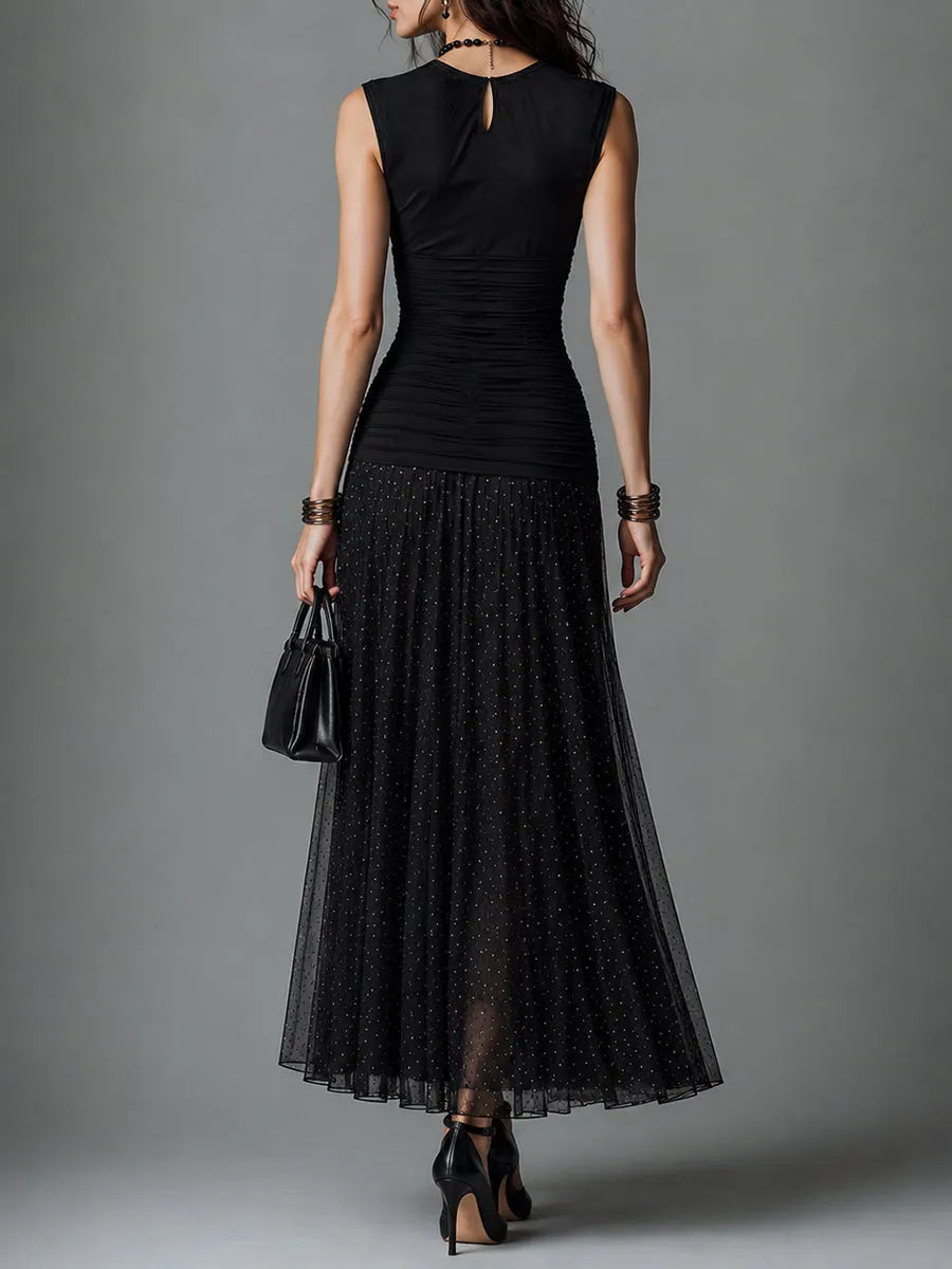 Retro Mesh-Paneled Polka-Dot Pleated Sleeveless Maxi Dress
