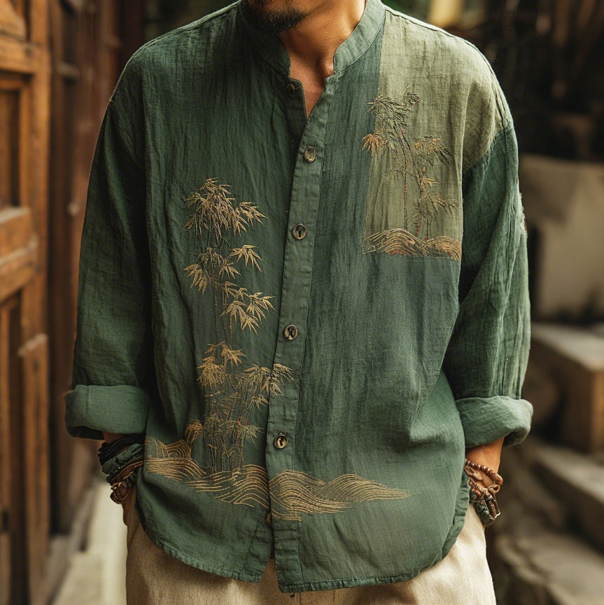 Men's Japanese-style Bamboo Waves Pattern Linen Blend Shirt