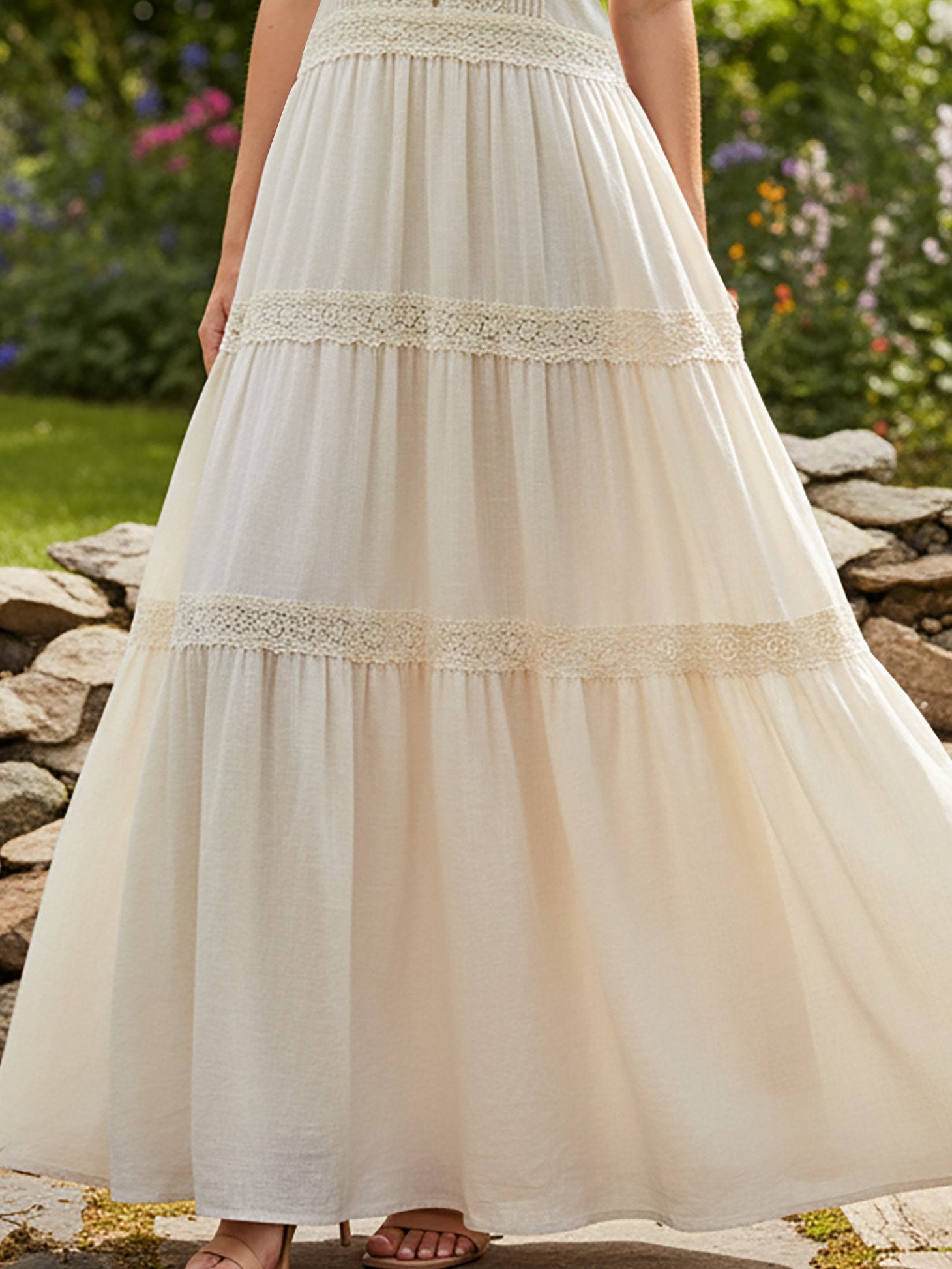 Maxi Linen Dress, Sleeveless, Round Neck, Lace, French Vintage, White