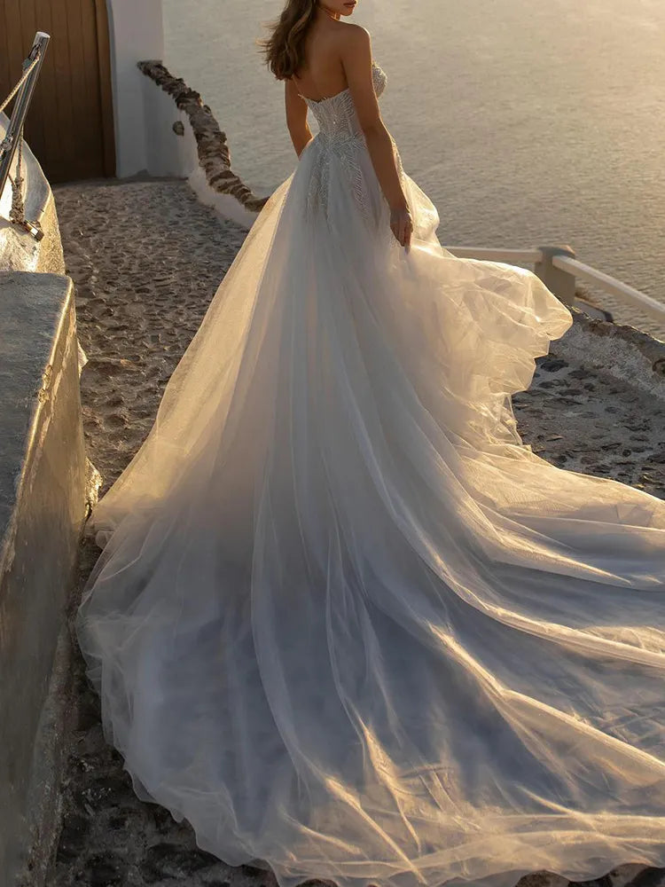 Fashion Two Pieces Set Bandeau Shiny Backless Wedding Maxi Dress