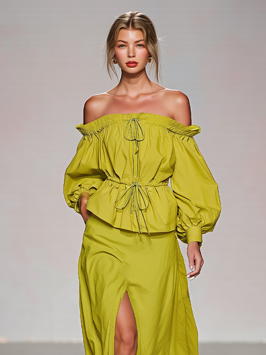 Women's Lime Green Cotton Two-Piece Set With Off Shoulder Puff Sleeve Drawstring Top & High Slit Maxi Skirt, Romantic Boho Summer Resort Outfit MDZ2308F4LYL