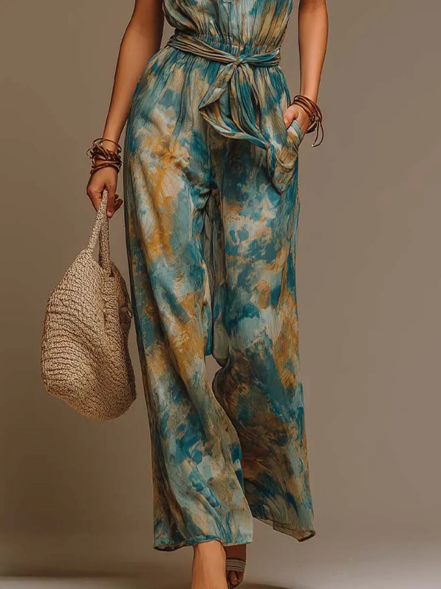 Vacation-Style Cotton-Feel Watercolor-Print Jumpsuit