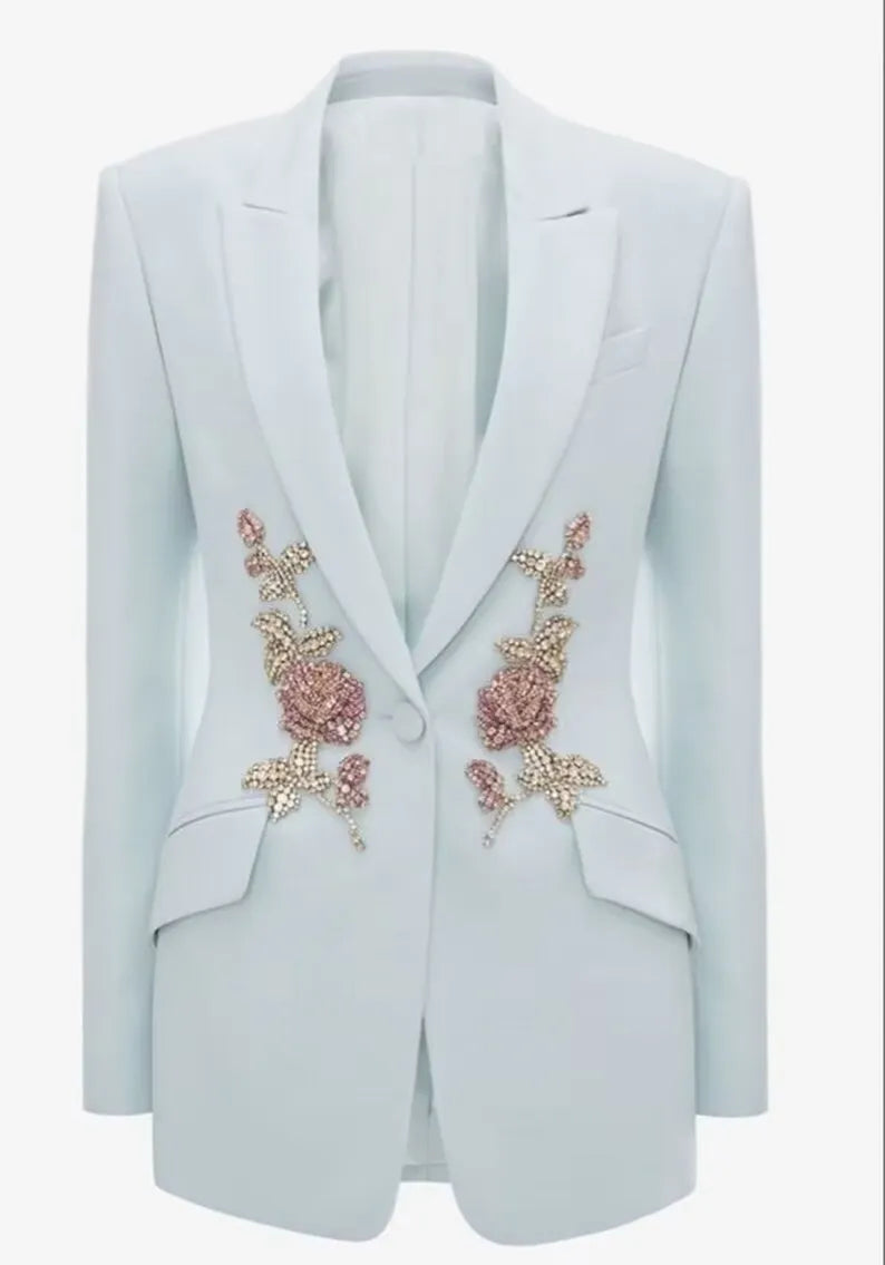 Women Designer 2 Piece Suit In Sky Blue Colour. Custom Made Slant Pockets Peak Lapel Wedding Bridesmaid Cocktail Dinner Party Prom Wear