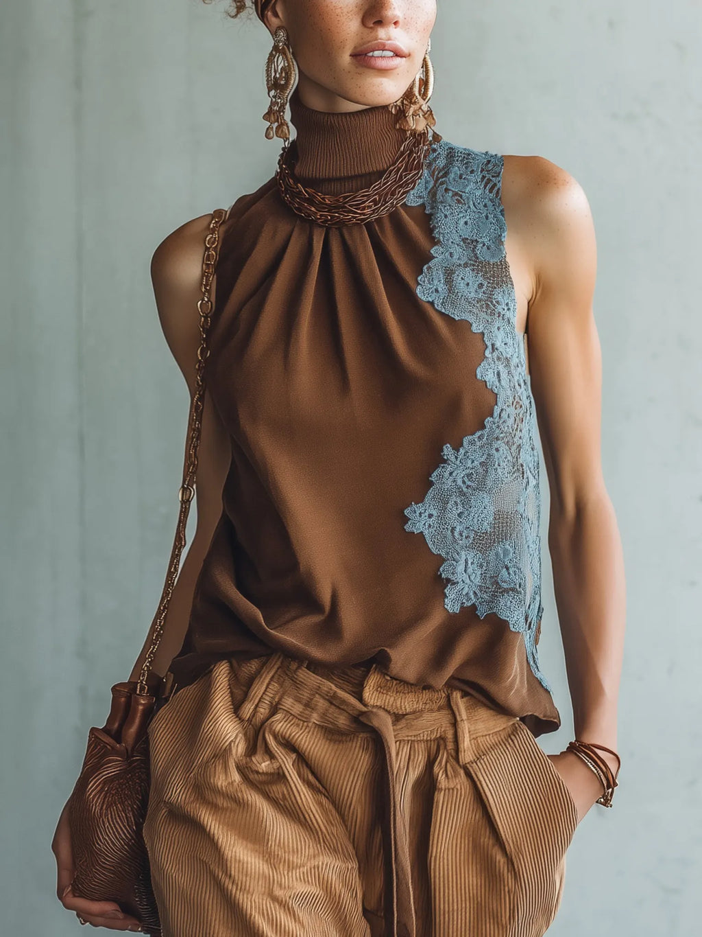 Brown Satin Lace Patchwork Sleeveless Top