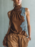 Brown Satin Lace Patchwork Sleeveless Top
