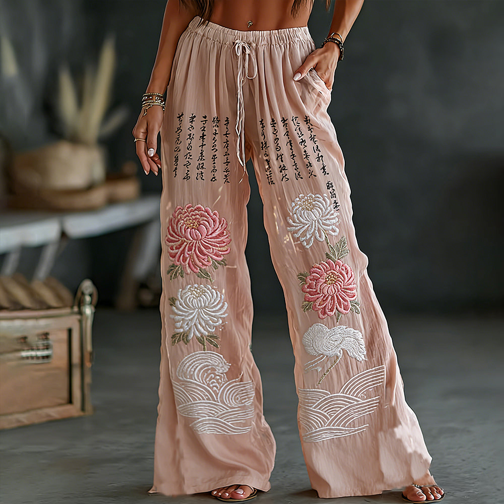 Japanese-style Chrysanthemum And Calligraphy Art Embroidered Pink Cotton-linen Casual Trousers