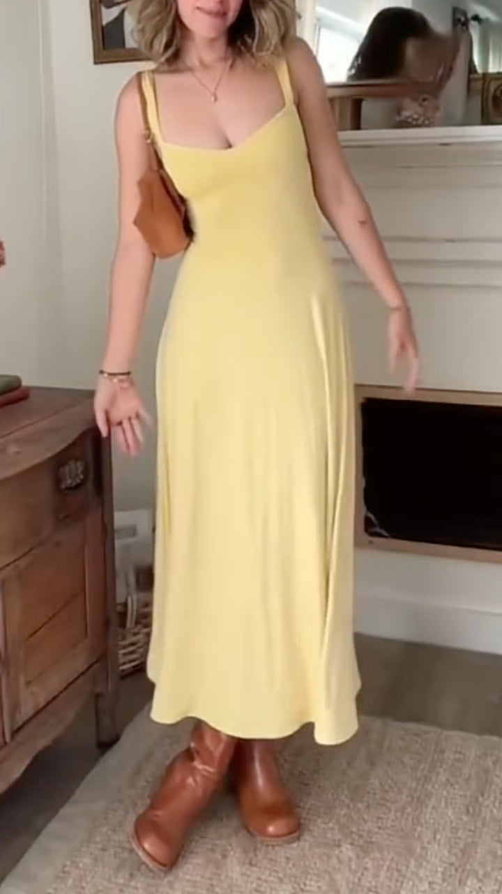 Yellow Sweetheart Neck Ruched Sleeveless Midi Dress