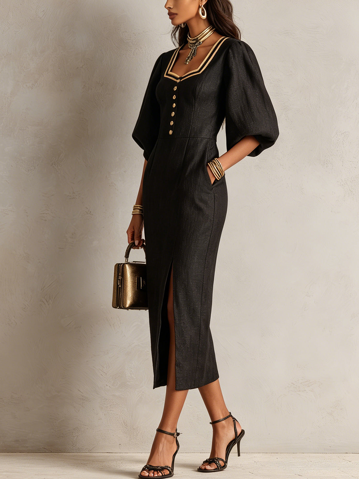 Black Puff Sleeve Midi Dress With Gold Trim And Front Slit