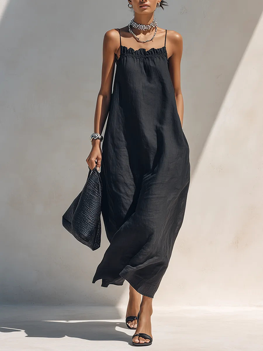 Women's Minimalist Solid Black Ruffle-Neck Maxi Dress With Spaghetti Straps MDZ1738F1ZRK