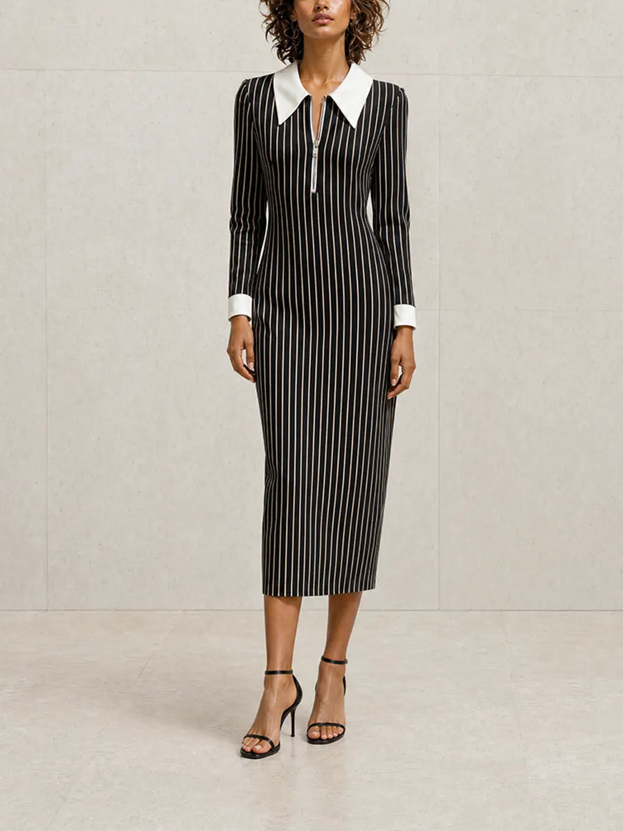 Women's Elegant Modern Black Pinstripe White-Collar Zip Long-Sleeve Fitted Midi Dress MDZ1593G3CMX