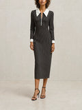 Women's Elegant Modern Black Pinstripe White-Collar Zip Long-Sleeve Fitted Midi Dress MDZ1593G3CMX