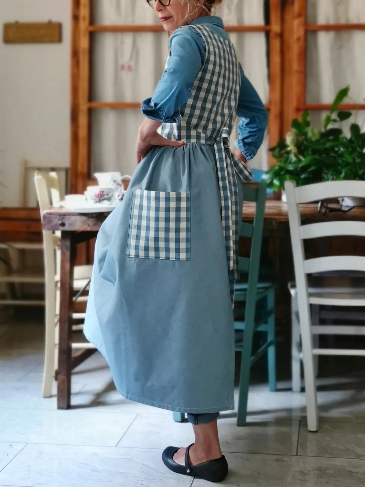 Dusty Blue Patchwork Cotton Apron