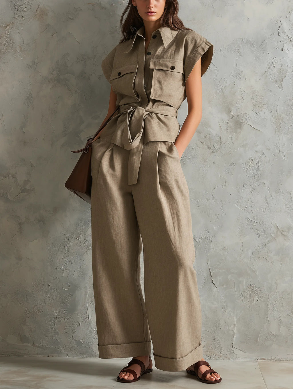 Women's Casual Khaki Cotton-linen Short-sleeved Top And Trousers Set MDZ0788G9LXY