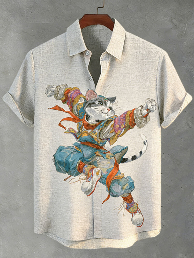 Men's Japanese-style Artistic Cat Print Short-sleeved Shirt