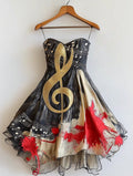 Retro Elegant Music Theme Irregular Stitching Dress 7357
