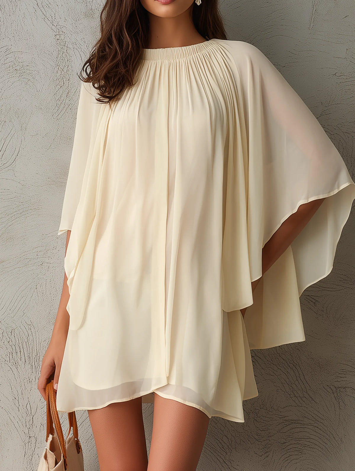 Women's Casual Beige Chiffon Short Dress With Cape Sleeves MDZ0165G8LXY