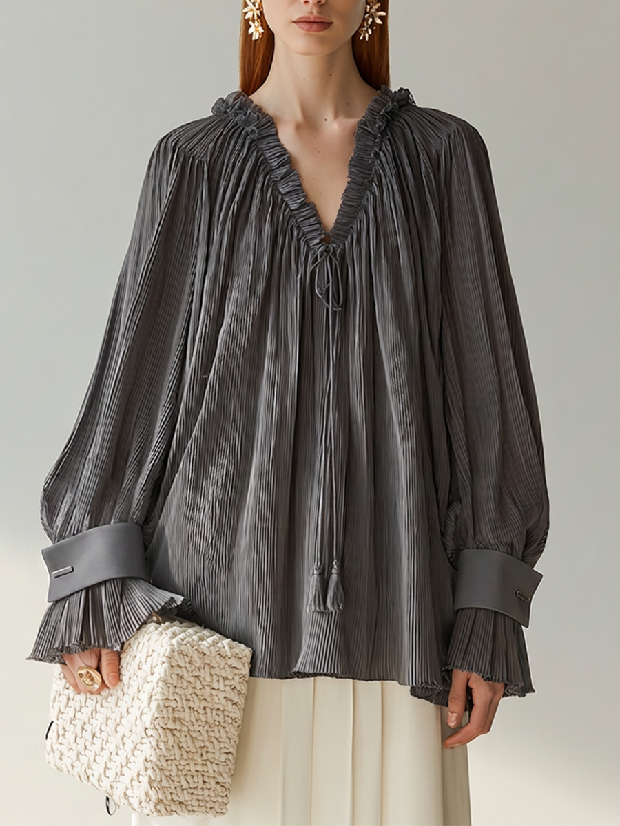 Women's Dark Grey Pleated Chiffon Blouse With Ruffled V Tie Neck & Contrast Cuff Lantern Sleeves, Elegant Loose Casual Long Sleeve Blouse MDZ1316G4LYL