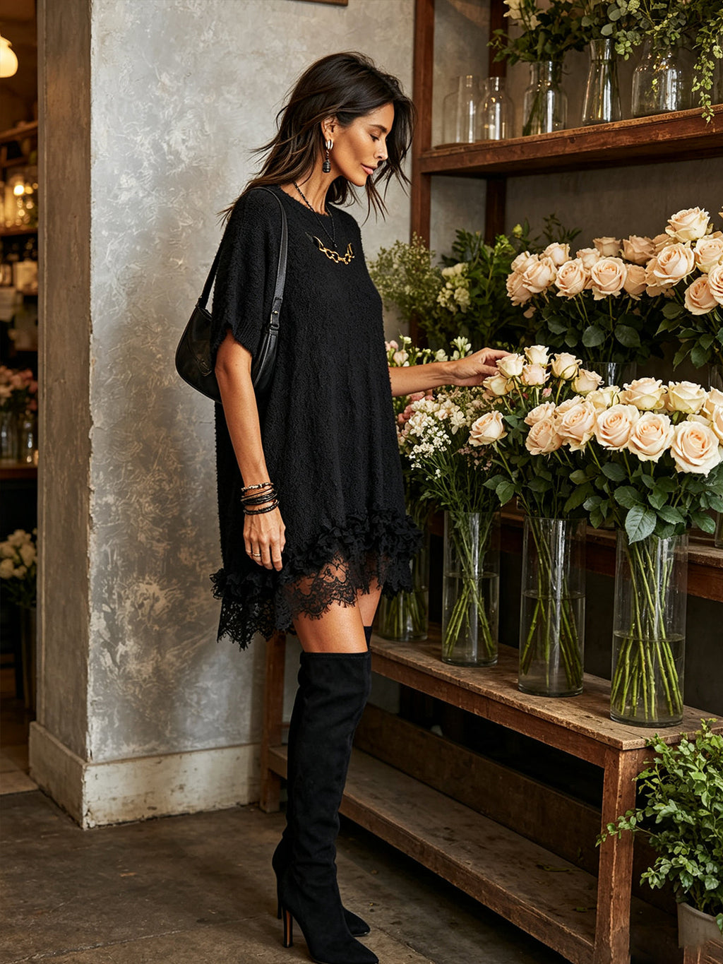 Black Oversized Lace Hem Mini Dress