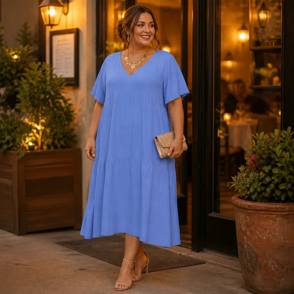 Vellira – Plus Size V-Neck Tiered Midi Dress