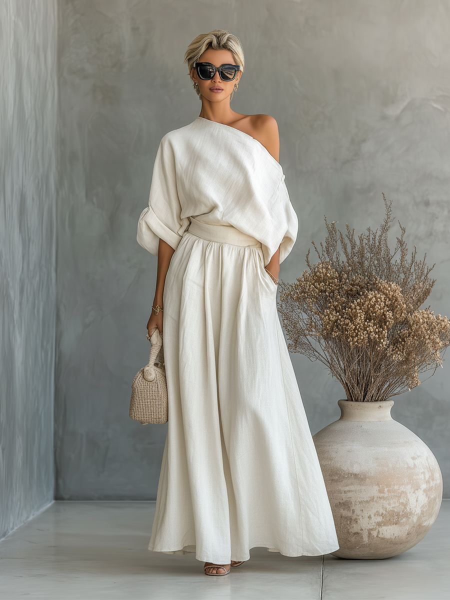 Women's Cream Linen Fabric One-Shoulder Puff-Sleeve Top & Wide-Leg Maxi Skirt Set