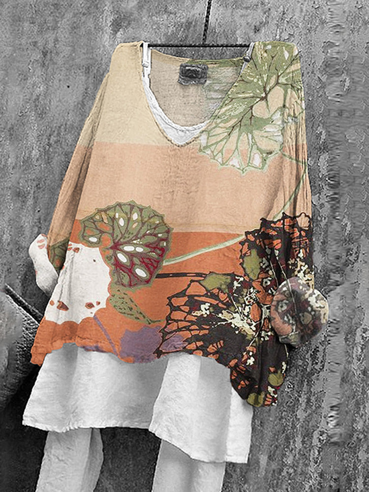 Women's Japanese Floral Print V-neck Loose T-shirt