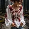 Women's Retro Rose And Skeleton Art Crew Neck Casual Long Sleeve Top