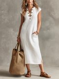 Minimalist V-neck Button-front Cotton-linen Midi Dress
