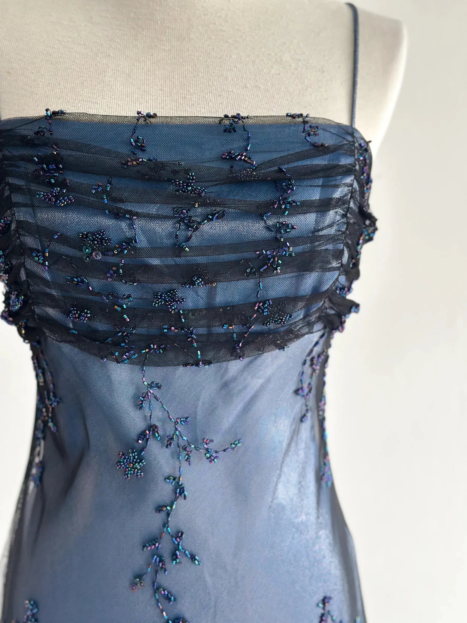 Navy Blue Tulle Beaded-Embroidered Sleeveless Floor-Length Vintage Gown