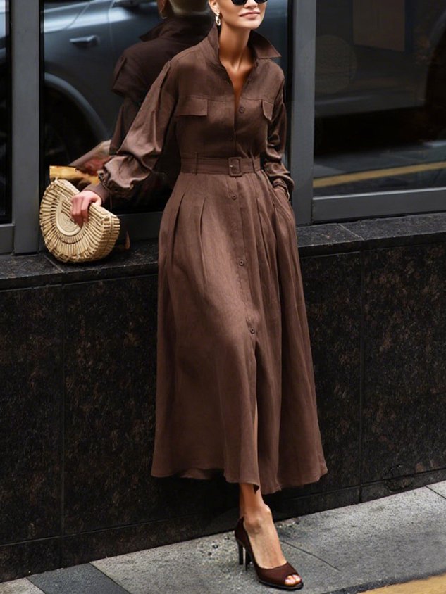 Urban Plain Cotton And Linen Shirt Collar Midi Dress With Belt