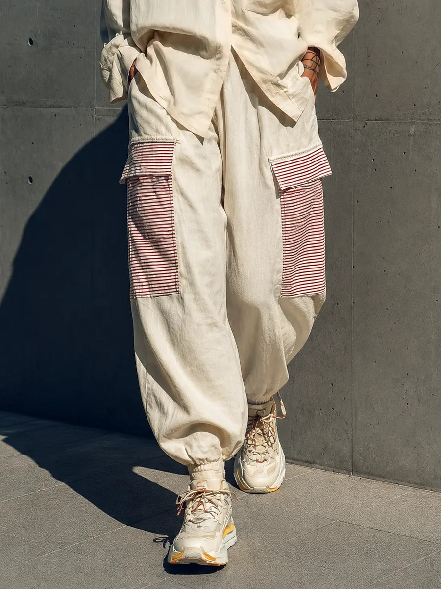 Women's Cream Linen Oversized Pocket Shirt Red White Stripe Patch Cargo Jogger Pants Two Piece Outfit Set MDZ0918G4YZJ