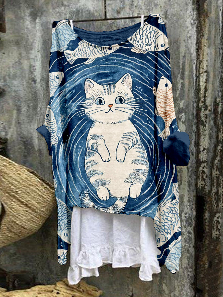 Lovely Cat & Fishes Pattern Linen Blend Flowy Tunic