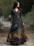 Halloween Crow & Rose Dark Witch Art Women's V-neck Long-sleeve Maxi Dress