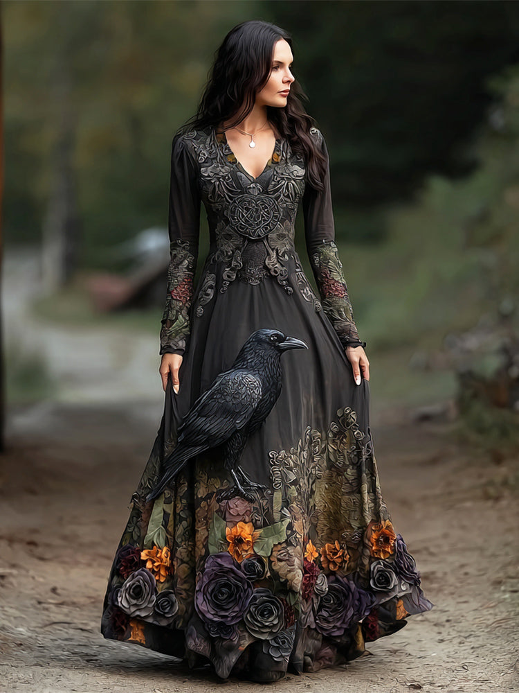 Halloween Crow & Rose Dark Witch Art Women's V-neck Long-sleeve Maxi Dress