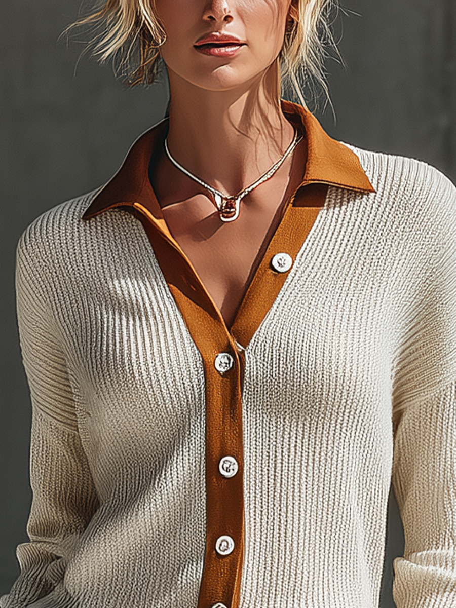 Women's Cream Rust Color Block Collared Button Front Ribbed Knit Long Sleeve Top MDZ2211G7YZJ