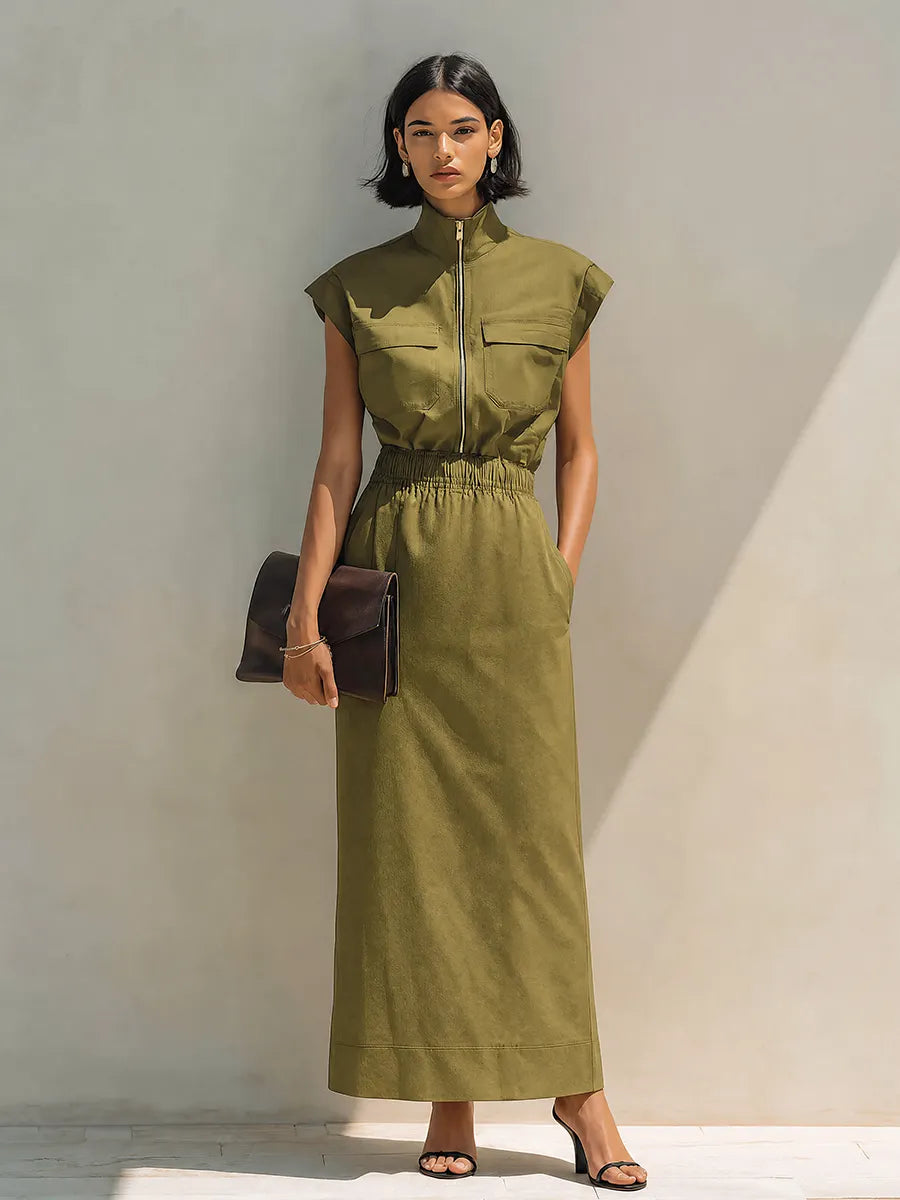 Women's Olive Cotton Blend Stand Collar Zip Cap Sleeve Midi Dress MDZ1788G8ZRK