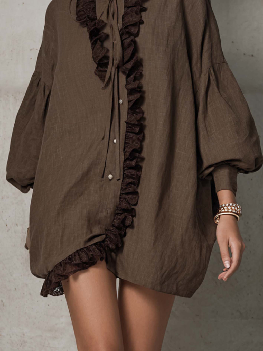 Oversized Lace Ruffle Trim Balloon Sleeve Linen Shirt Dress