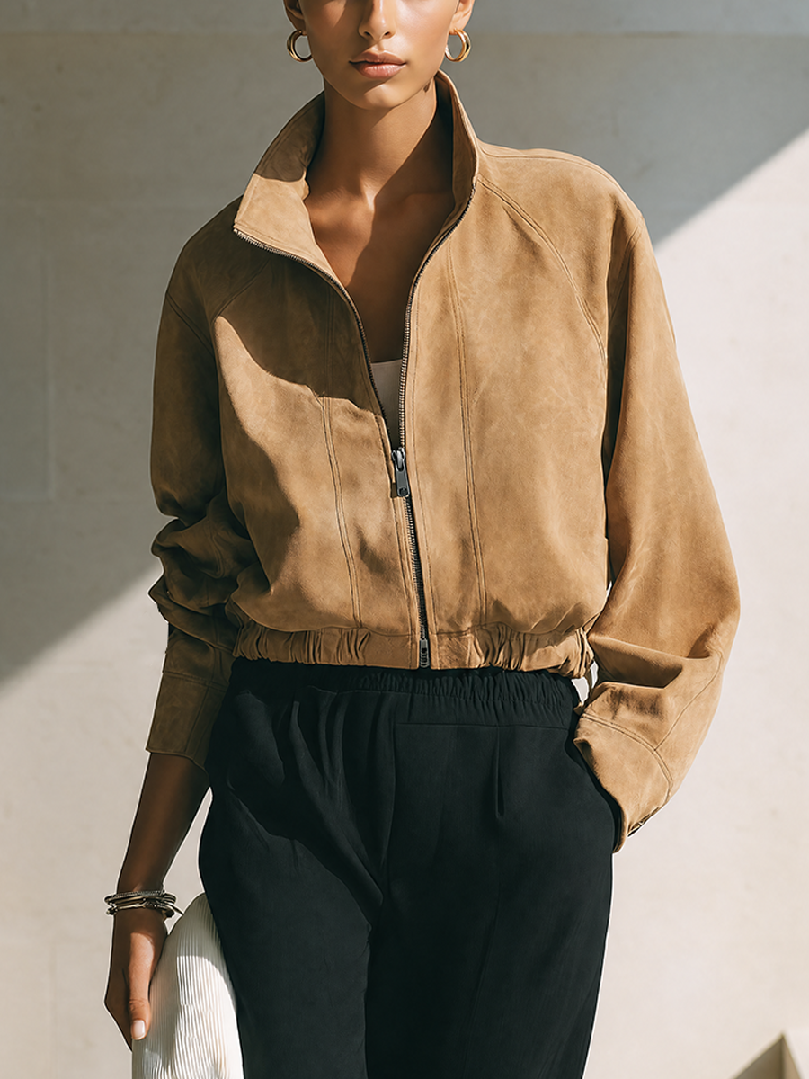 Women's Fashion Cropped Suede Stand‑Collar Zipper Jacket MDZ1579G7ZRK