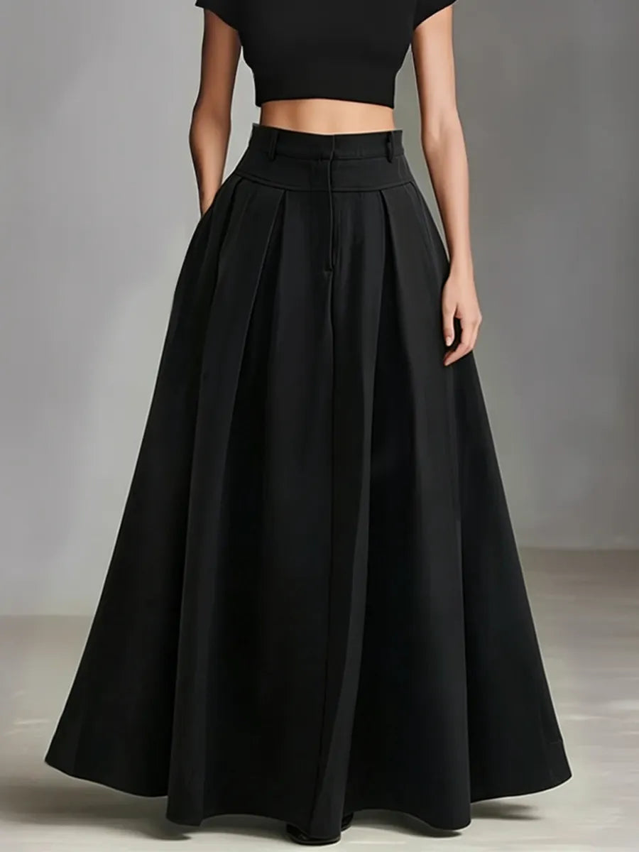Women's Black Stretch-Knit & Woven Set With Cropped Top & Maxi Dress, Timeless Sleek-Chic Style Set (without Belt) MDZ1412A1I