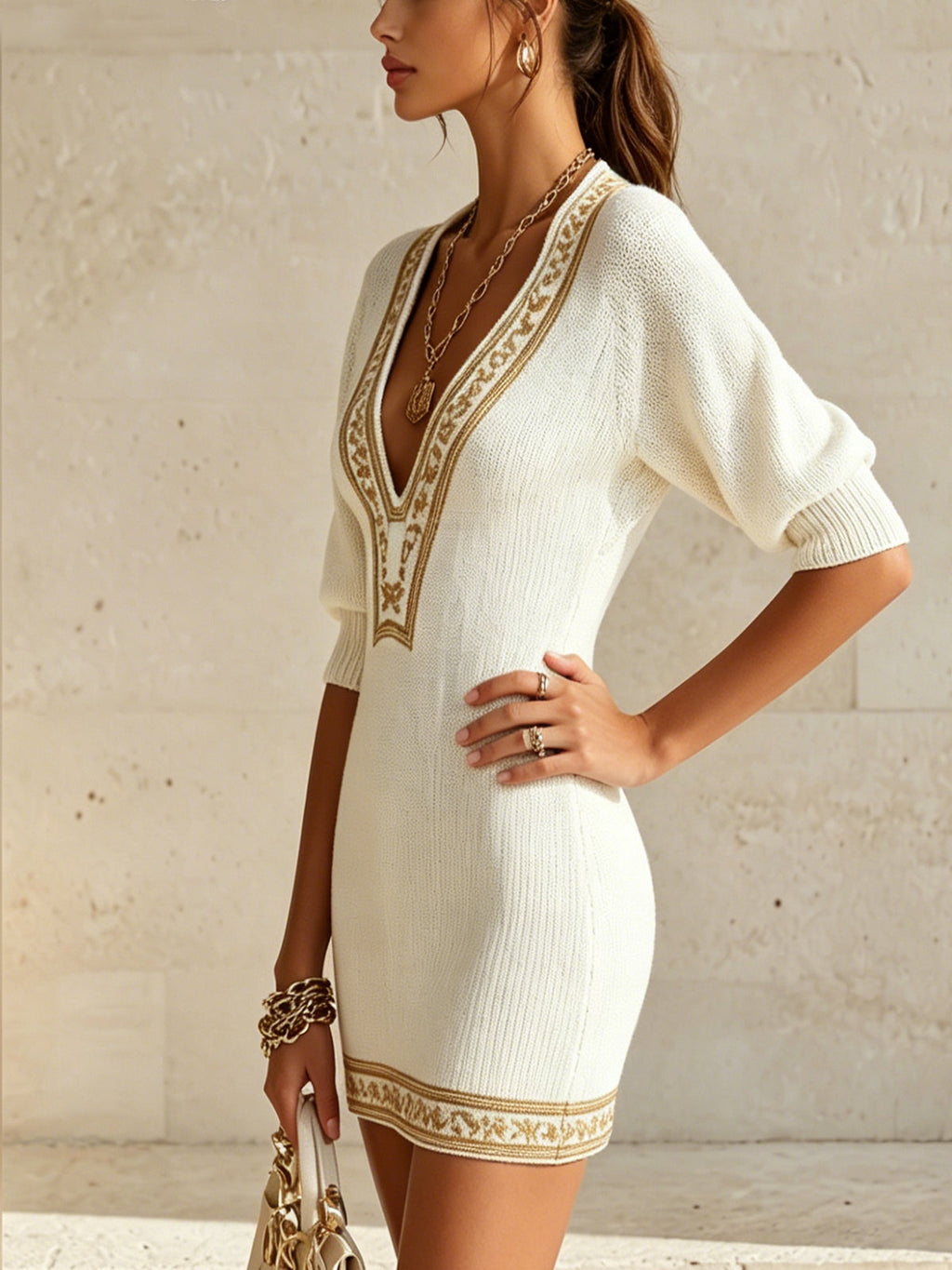 Ivory Knit Mini Dress With Gold Trim And Deep V-Neck