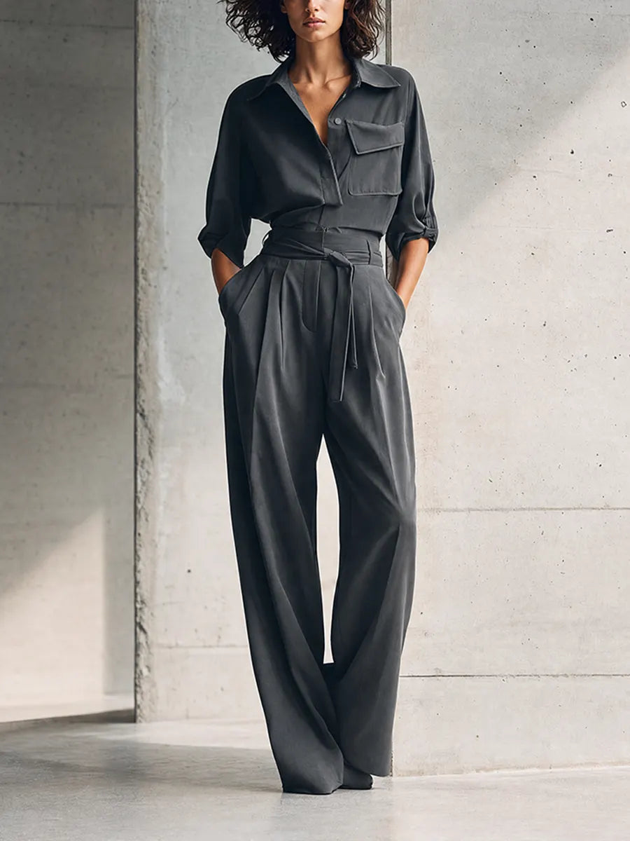 Women's Minimalist Workwear Charcoal Grey Collared Single-Pocket Shirt & High-Waisted Belted Wide-Leg Pants Set MDZ0992G0CMX