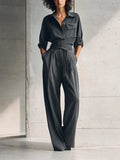 Women's Minimalist Workwear Charcoal Grey Collared Single-Pocket Shirt & High-Waisted Belted Wide-Leg Pants Set MDZ0992G0CMX