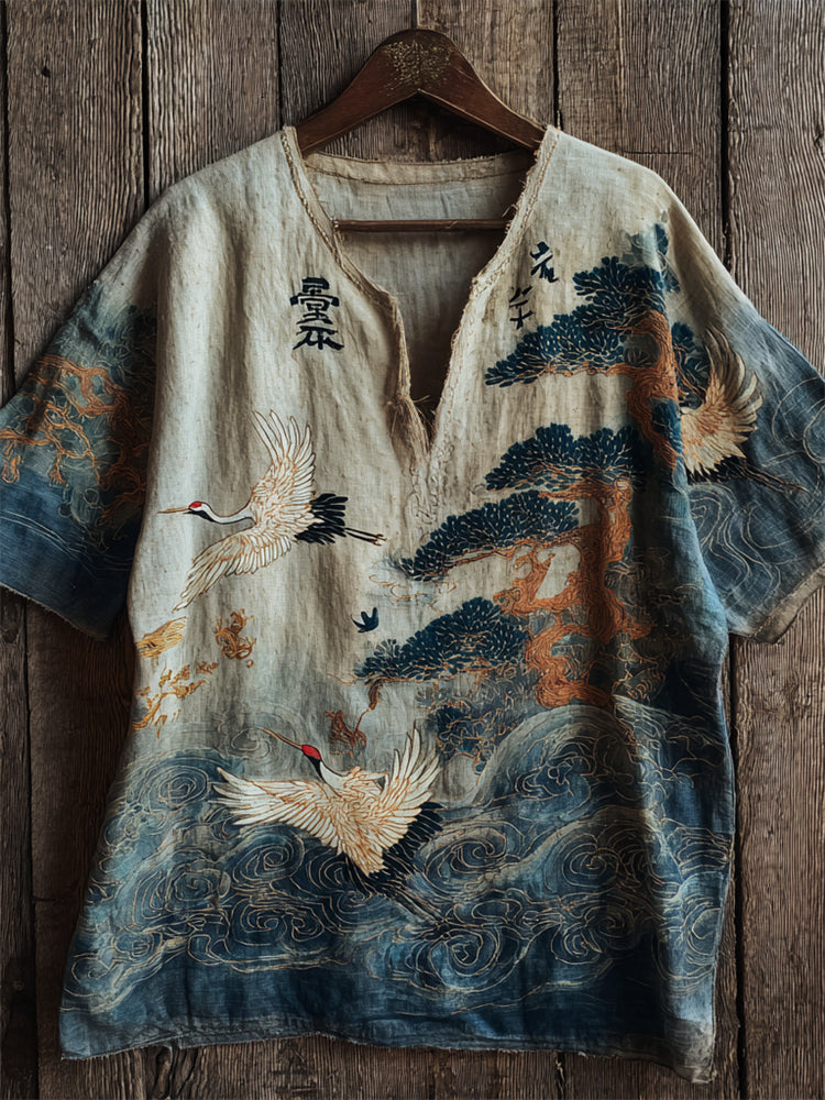 Japanese Cranes & Pine Trees Sea Waves Linen Shirt