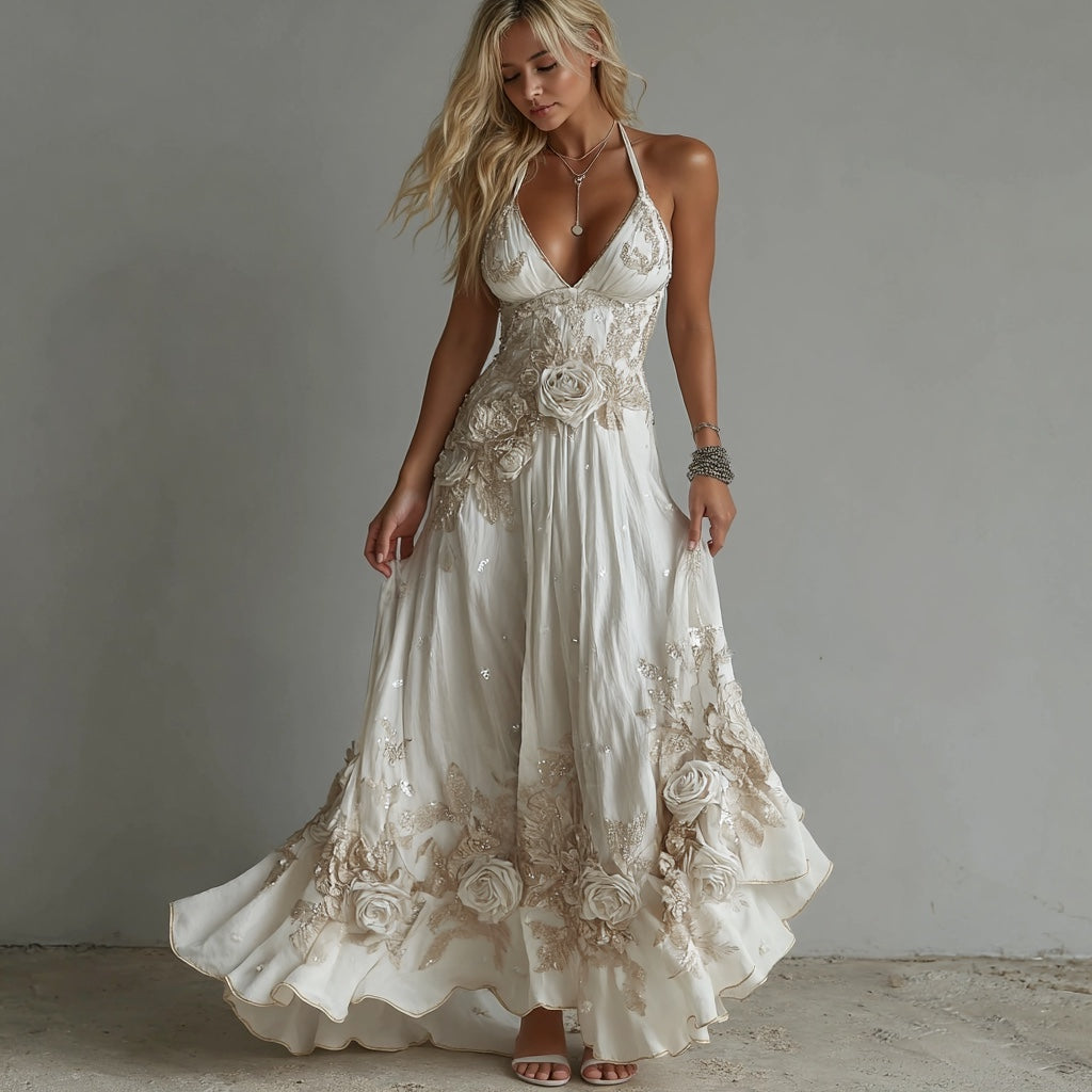 Women's Vintage White Flowers Embroidery Art V-neck Suspender Maxi Dress