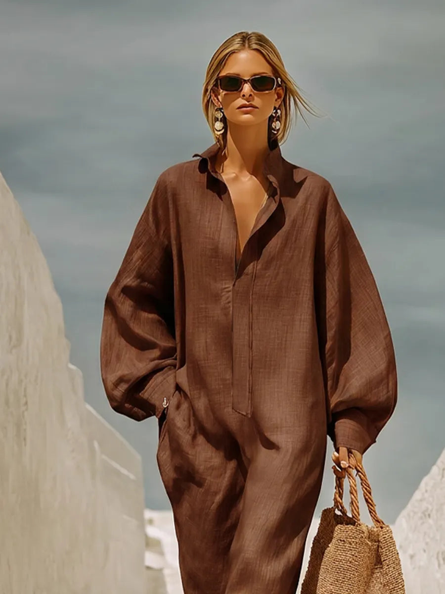 Women's Chocolate Brown Linen Jumpsuit With Collar Half Zip Placket & Oversized Balloon Long Sleeves, Loose Boho Resort Wide Leg Linen Jumpsuit MDZ0150G4LYL